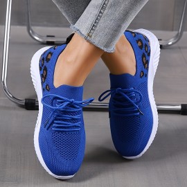 Women's Casual Sneakers, Flying Woven Leopard Pattern Breathable Lace-up Running Shoes, Women's Footwear