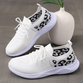 Women's Casual Sneakers, Flying Woven Leopard Pattern Breathable Lace-up Running Shoes, Women's Footwear