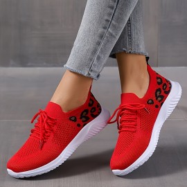 Women's Casual Sneakers, Flying Woven Leopard Pattern Breathable Lace-up Running Shoes, Women's Footwear