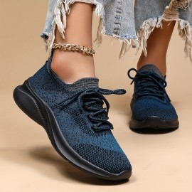 Women's Breathable Flying Woven Sneakers - Lightweight Low Top Lace Up Fashion Walking Shoes