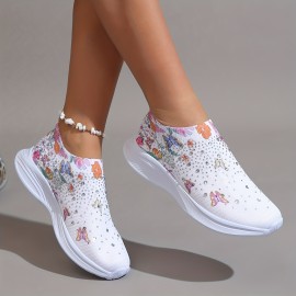 Women's Rhinestone Decor Slip On Sneakers with Floral & Butterfly Print - Breathable Knit Running Shoes