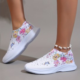 Women's Rhinestone Decor Slip On Sneakers with Floral & Butterfly Print - Breathable Knit Running Shoes