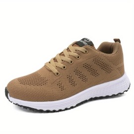 Women's Breathable Mesh Panel Knit Sneakers - Lace Up Low-top Sporty Shoes for Casual Outdoor Running