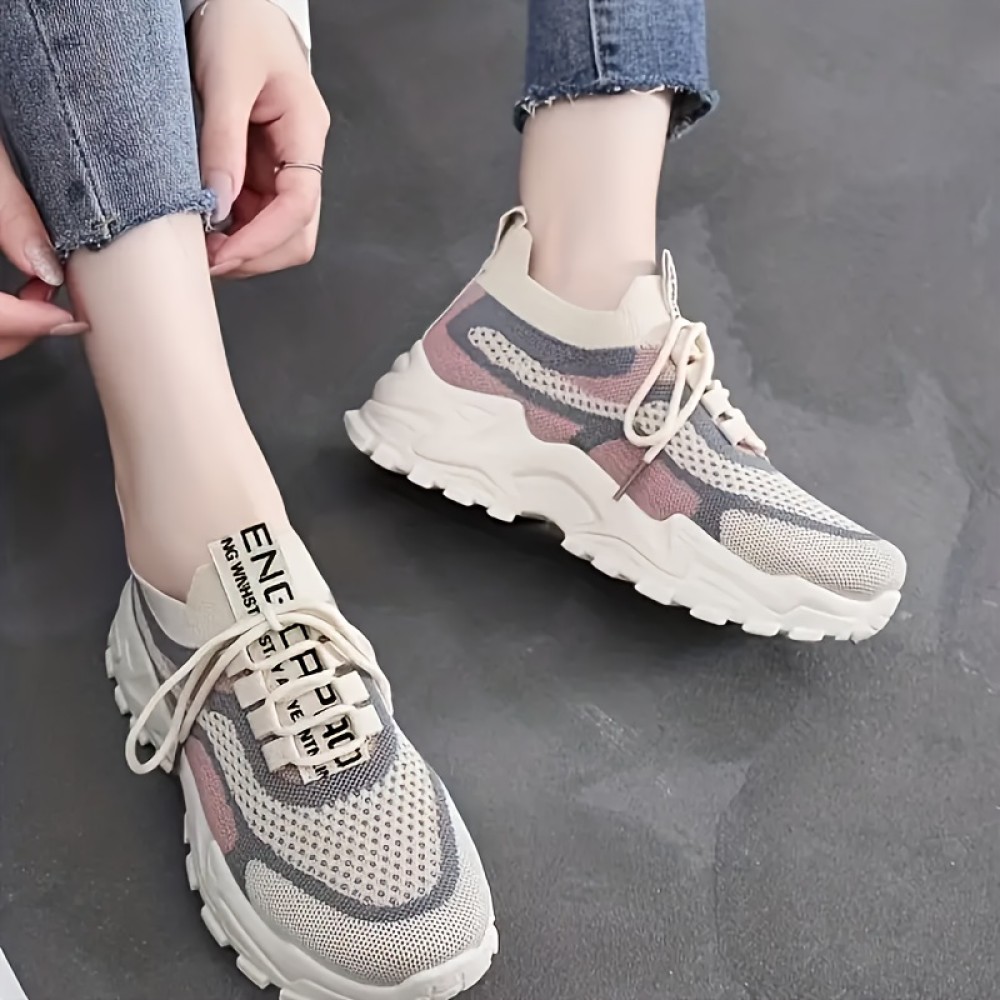 Women's Colorblock Knit Chunky Sneakers - Breathable Low Top Running Shoes