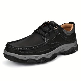 Plus Size Men's Top Grain Leather Vintage Solid Colour Old School Style Walking Shoes, Comfy Non Slip Rubber Sole Lace Up Shoes For Men's Outdoor Activities