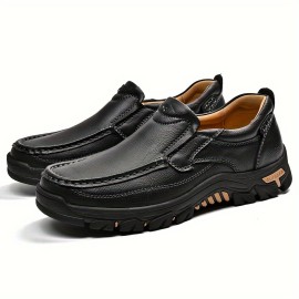 Men's Split Leather Solid Colour Slip On Loafer Shoes, Comfy Non Slip Rubber Sole Durable Walking Shoes For Men's Outdoor Activities