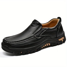 Men's Split Leather Solid Colour Slip On Loafer Shoes, Comfy Non Slip Rubber Sole Durable Walking Shoes For Men's Outdoor Activities