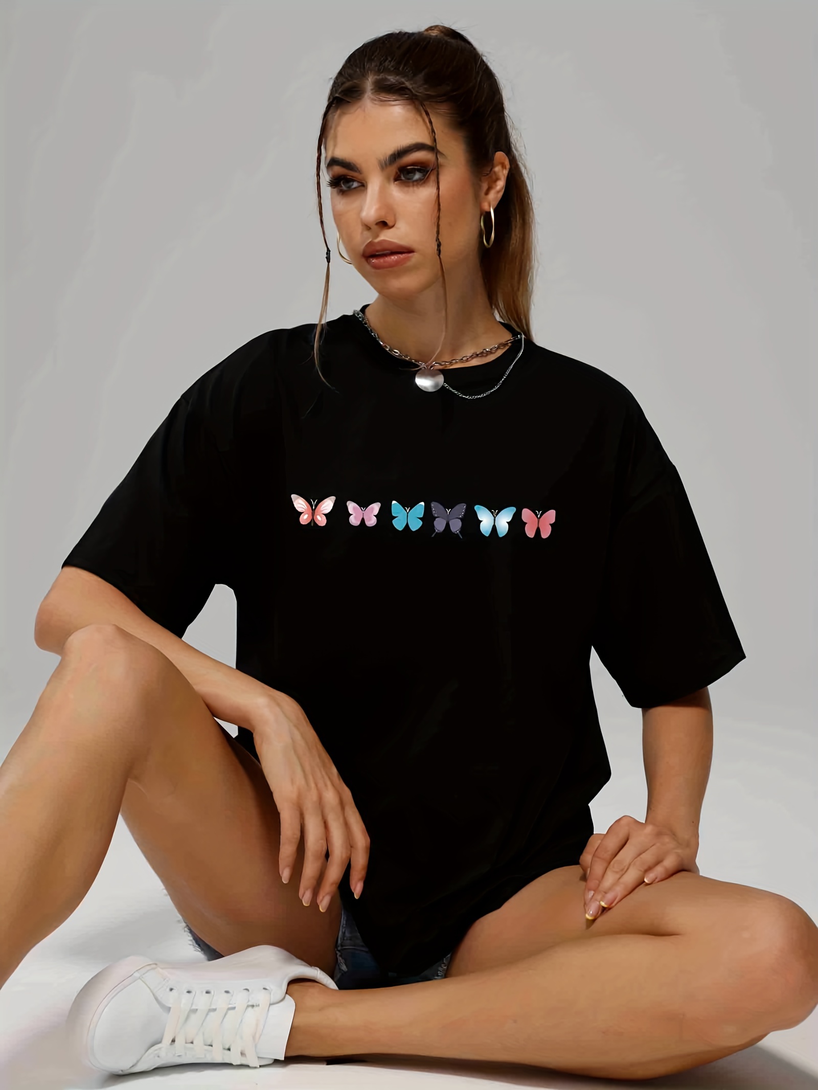 butterfly print casual sports t shirts solid crew neck hip hop summer tee womens clothing details 0