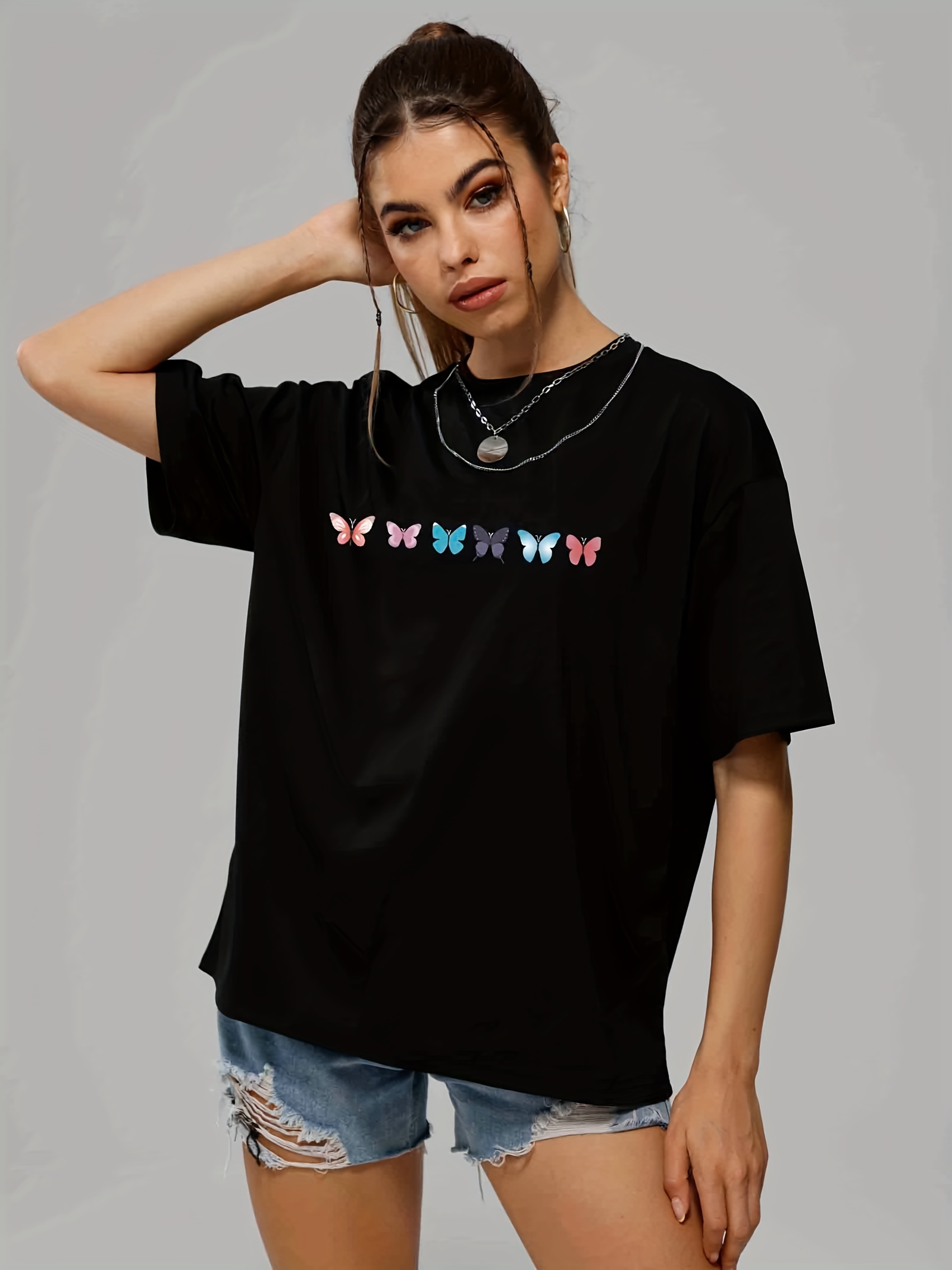 butterfly print casual sports t shirts solid crew neck hip hop summer tee womens clothing details 3