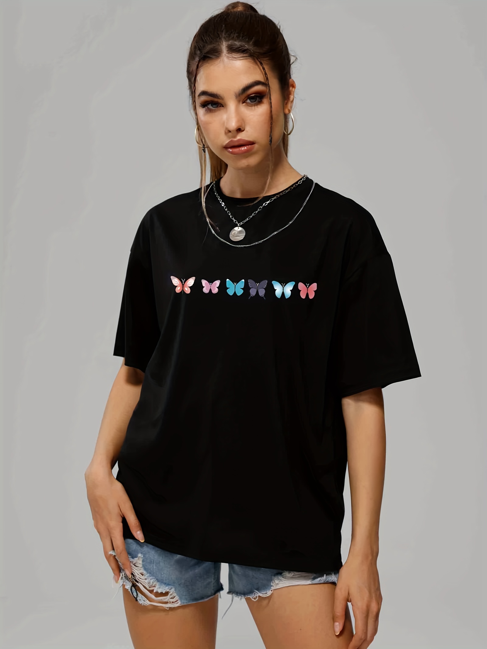 butterfly print casual sports t shirts solid crew neck hip hop summer tee womens clothing details 2