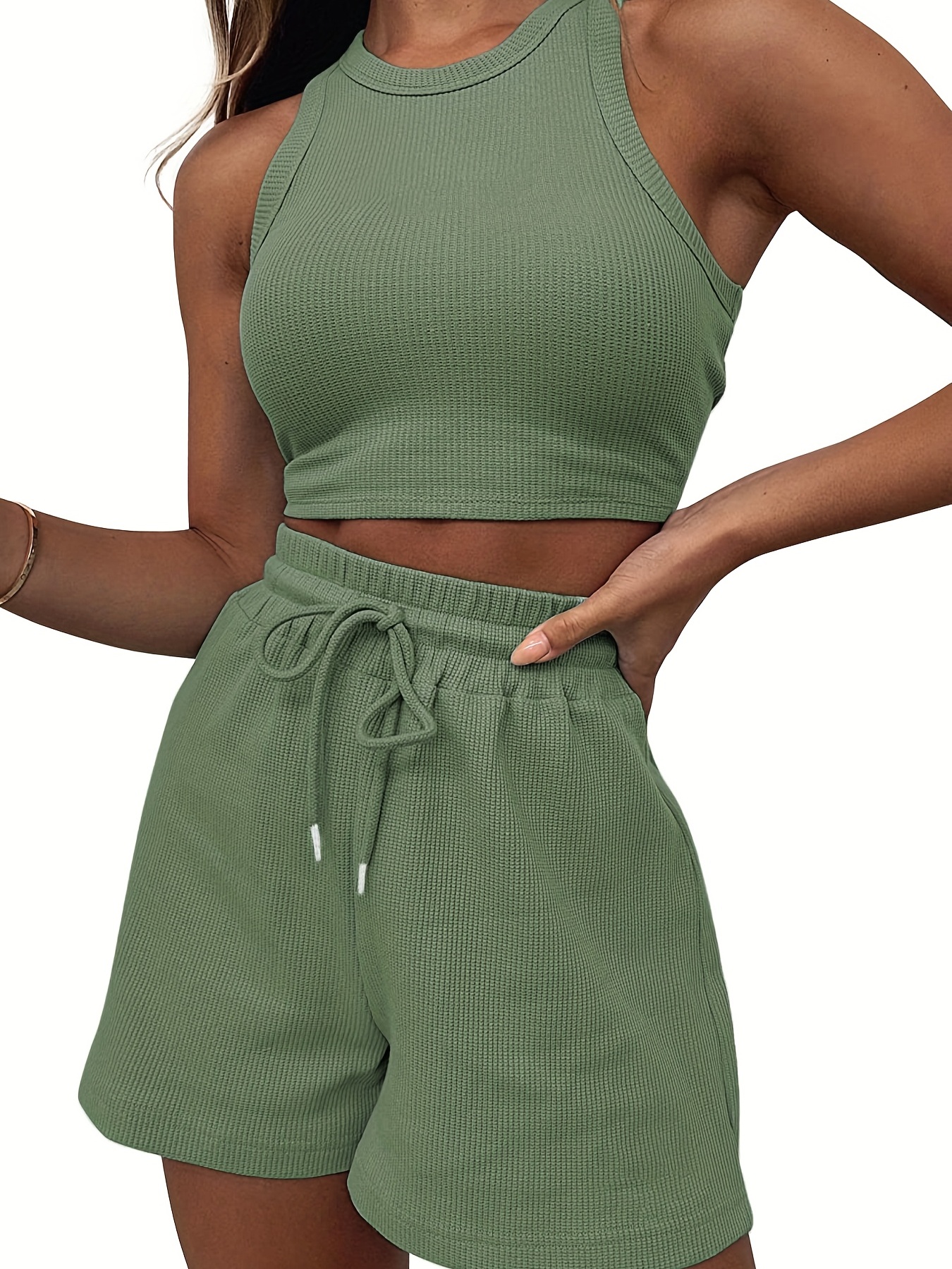 2 pieces casual sports suit solid rib knitting outdoor set crew neck sleeveless crop top drawstring shorts womens clothing details 11