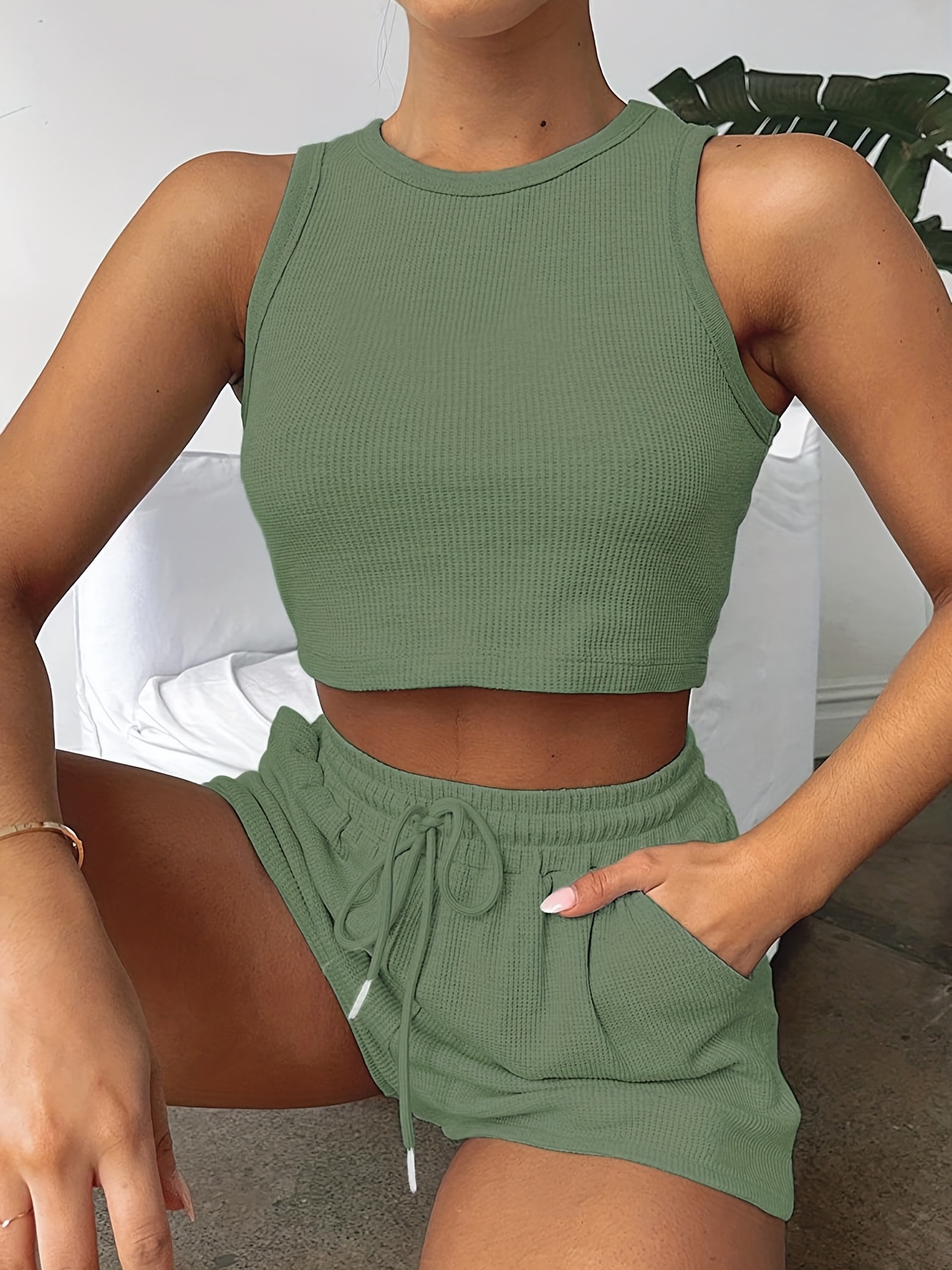 2 pieces casual sports suit solid rib knitting outdoor set crew neck sleeveless crop top drawstring shorts womens clothing details 13