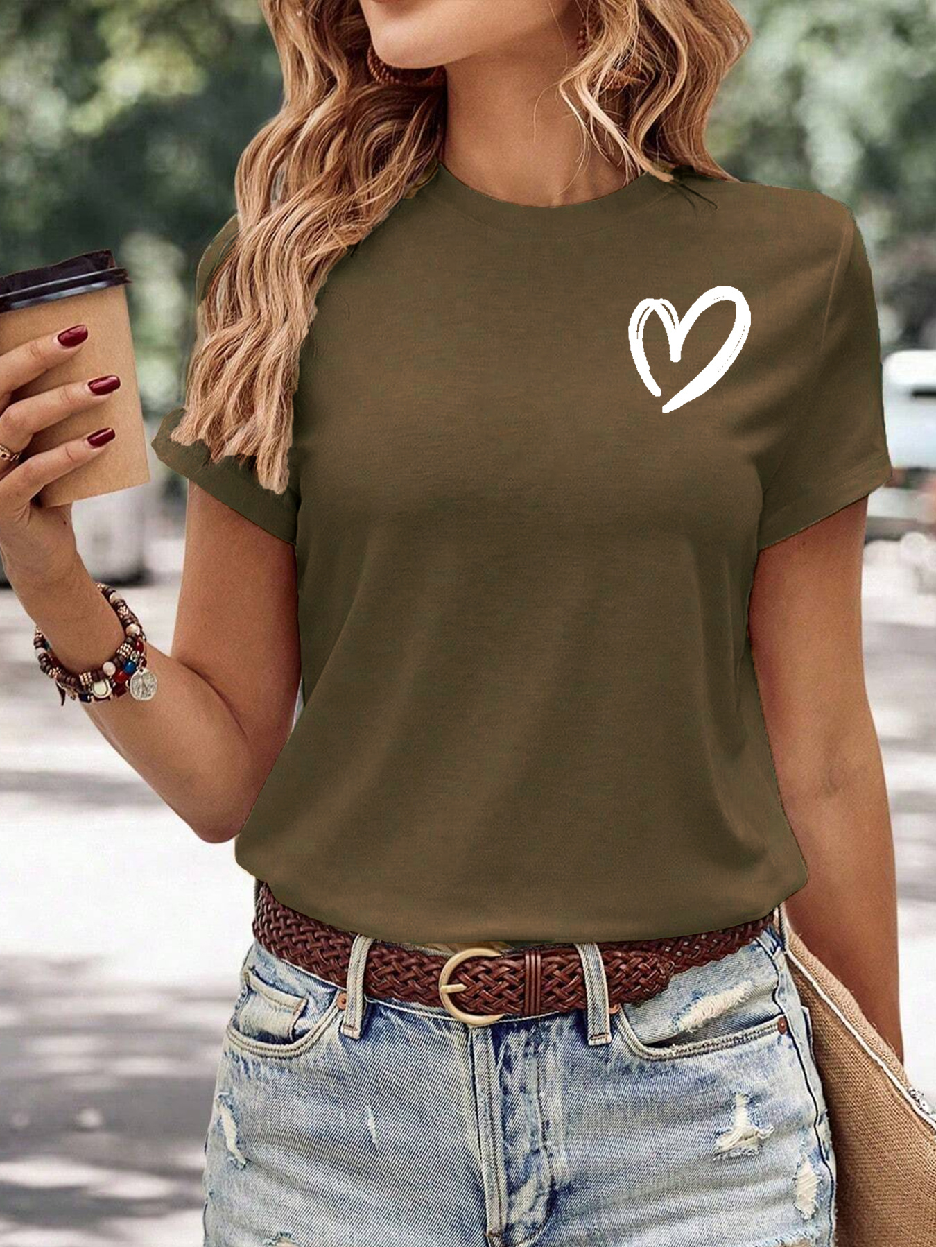 heart pattern versatile t shirt round neck short sleeves stretchy casual tee valentines day womens tops details 0