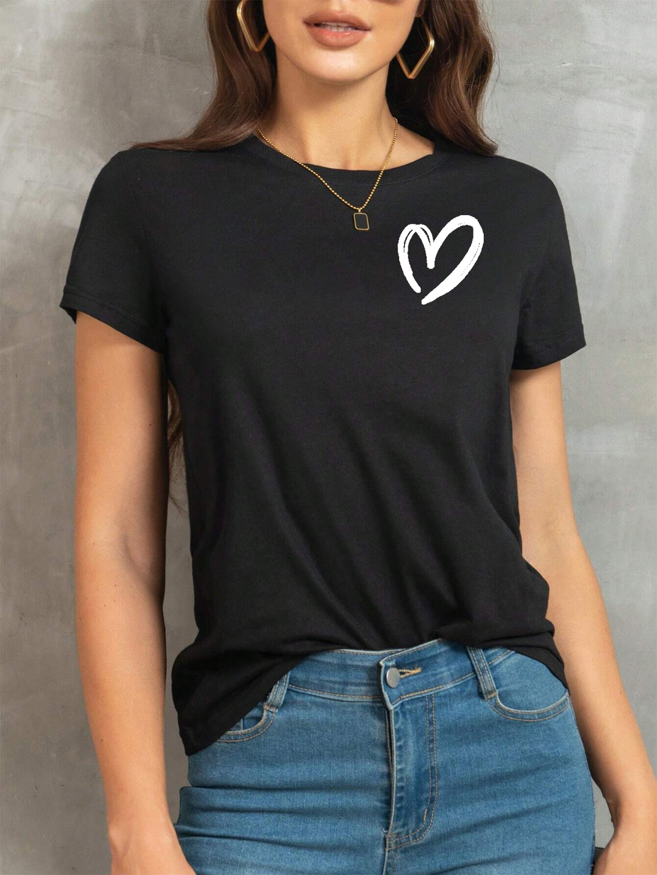 heart pattern versatile t shirt round neck short sleeves stretchy casual tee valentines day womens tops details 10