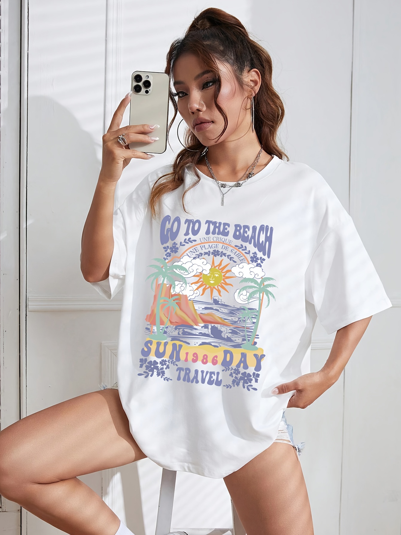 y2k american retro casual short sleeved t shirt coconut tree print loose drop shoulder tops womens activewear details 1