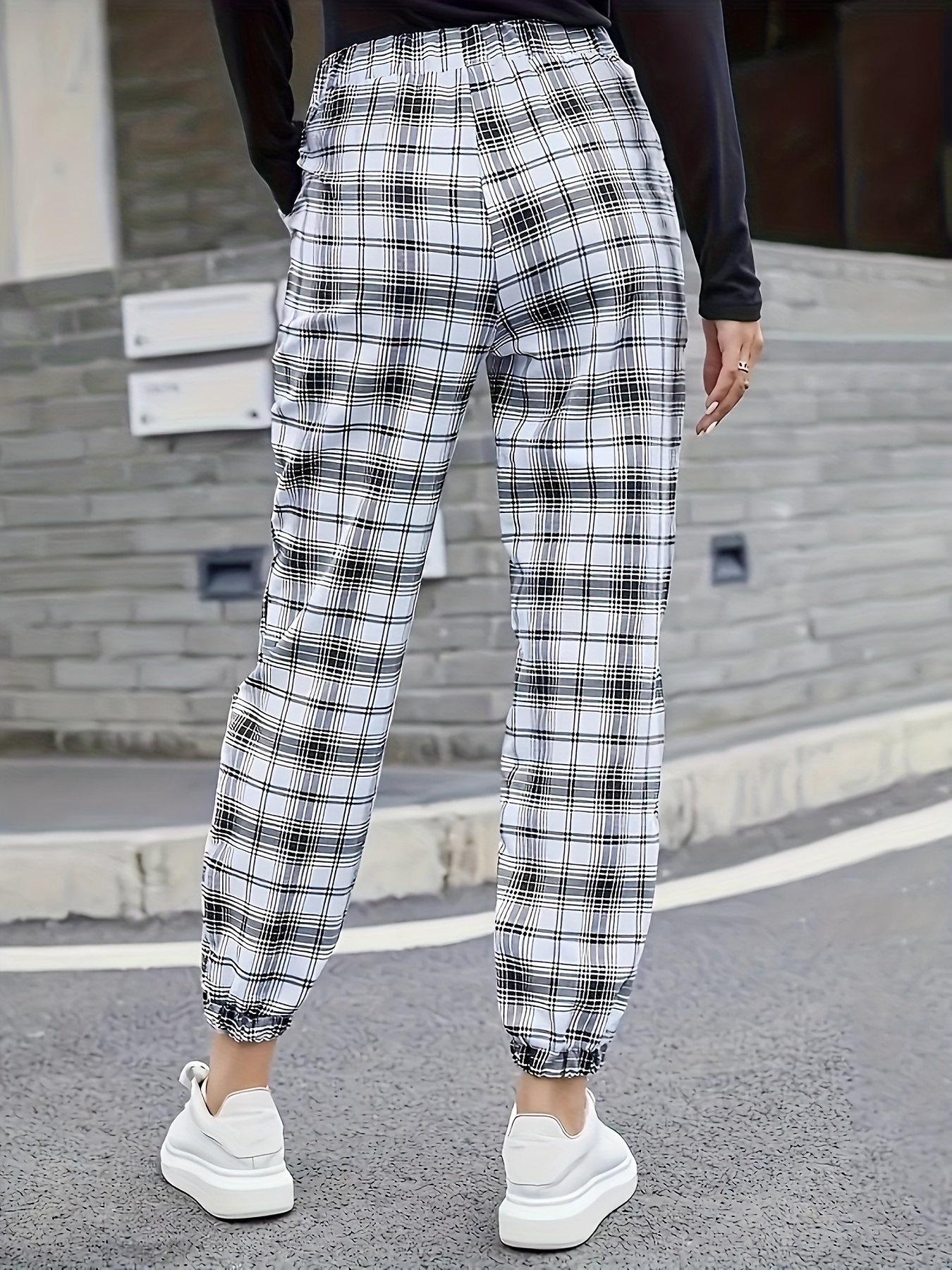 plaid print casual jogger pants loose fit slight stretch slant pockets sports trousers womens activewear details 0