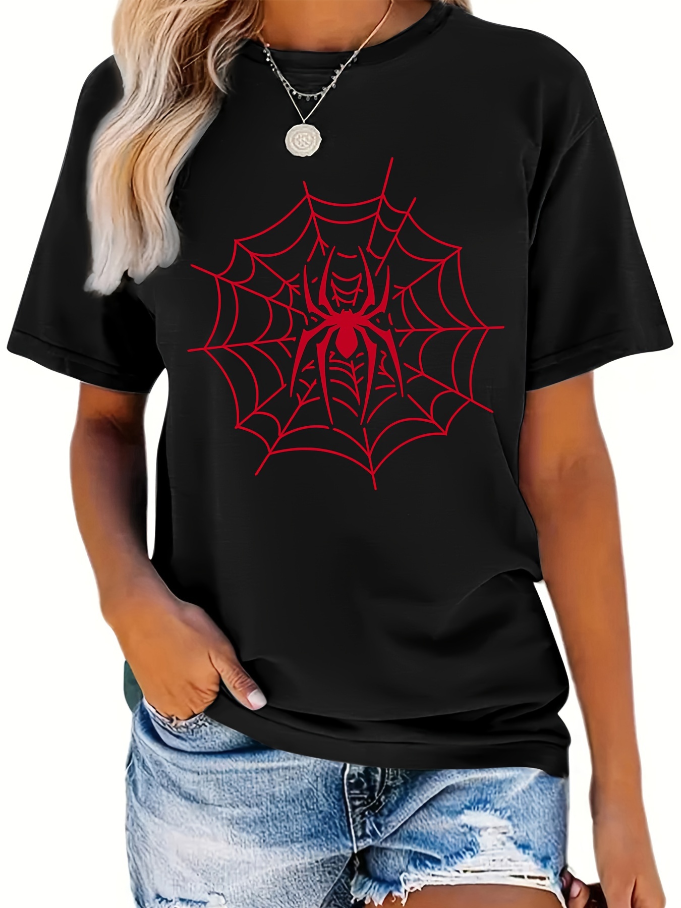 spider web print versatile t shirt round neck short sleeves stretchy casual tee halloween womens sports top details 0