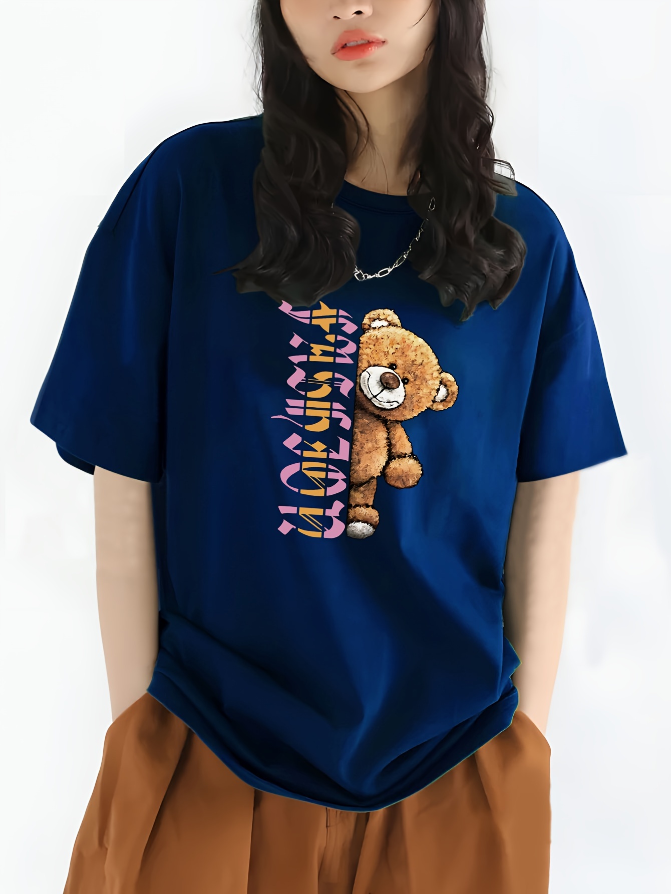 fashion letter bear print sports top casual crew neck short sleeve street t shirt womens clothing details 15