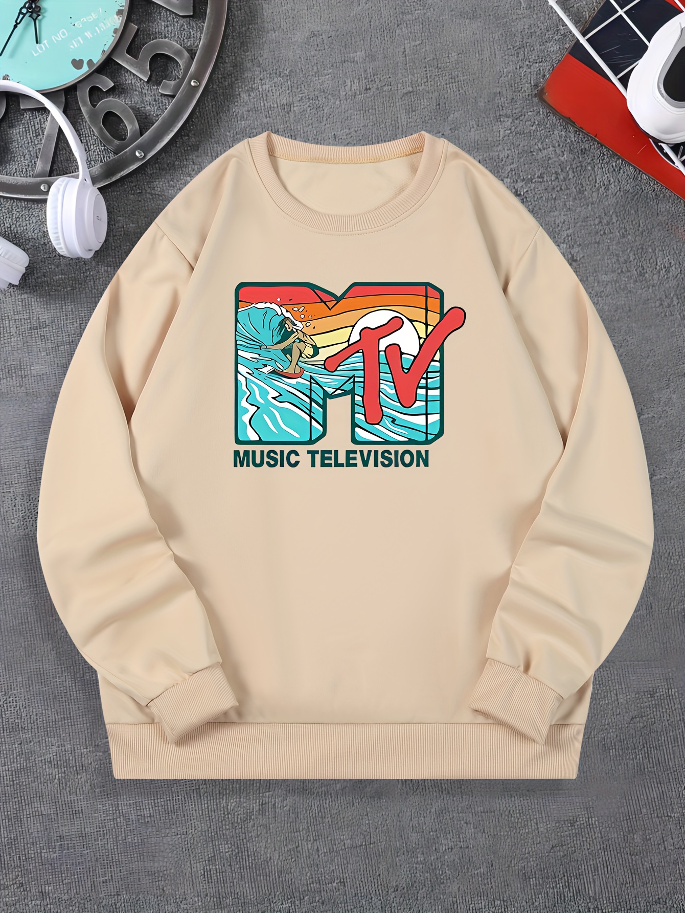 music television print fashionable mens casual long sleeve crew neck pullover sweatshirt suitable for outdoor sports for autumn spring can be paired with hip hop necklace as gifts details 18