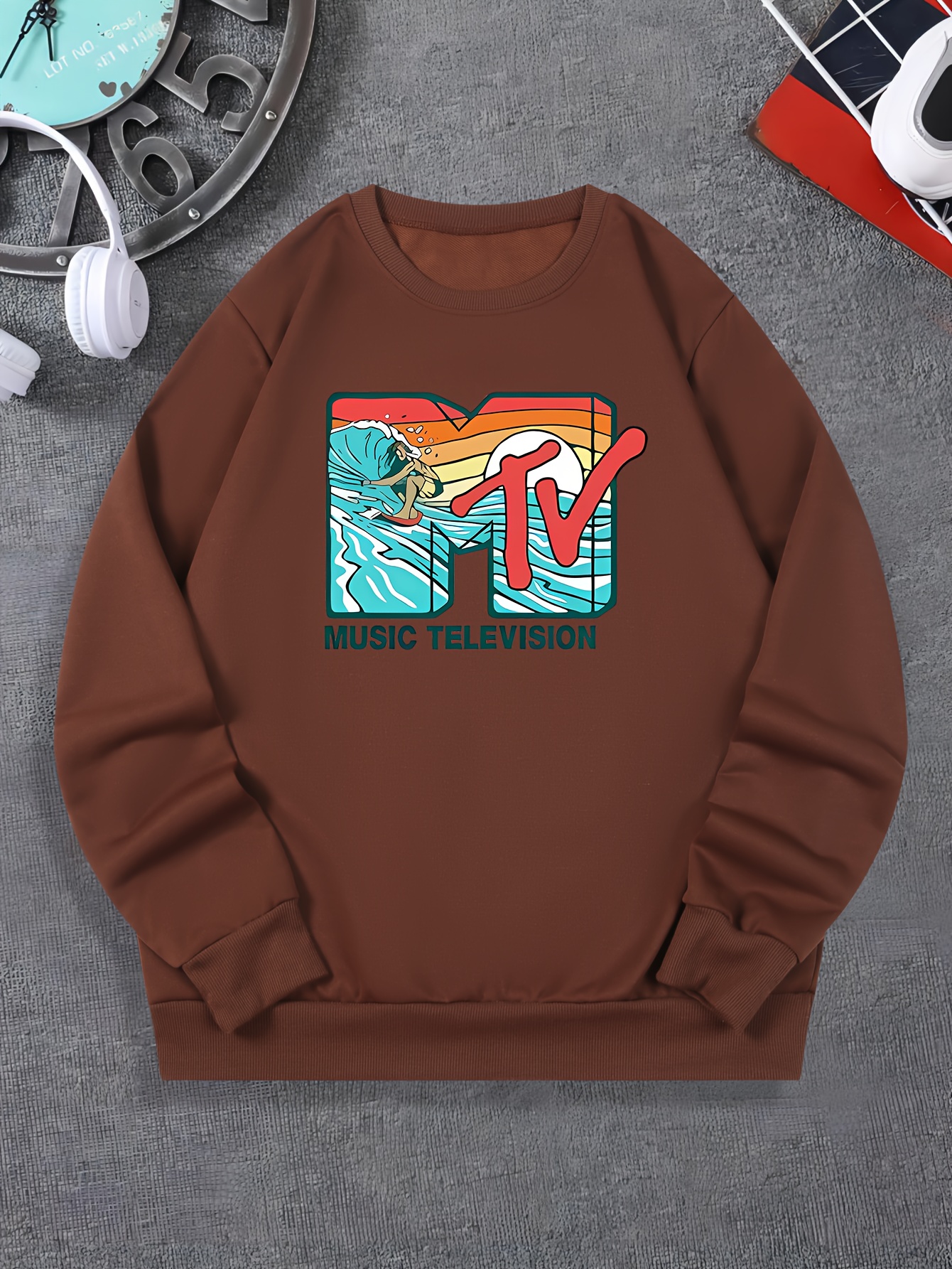 music television print fashionable mens casual long sleeve crew neck pullover sweatshirt suitable for outdoor sports for autumn spring can be paired with hip hop necklace as gifts details 27