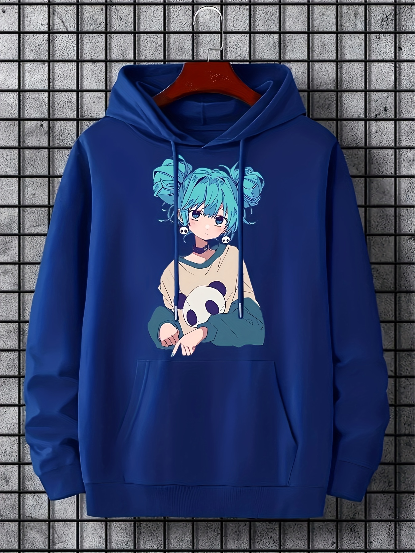 anime girl pattern hoodie with kangaroo pocket mens casual stretch pullover hooded sweatshirt details 0