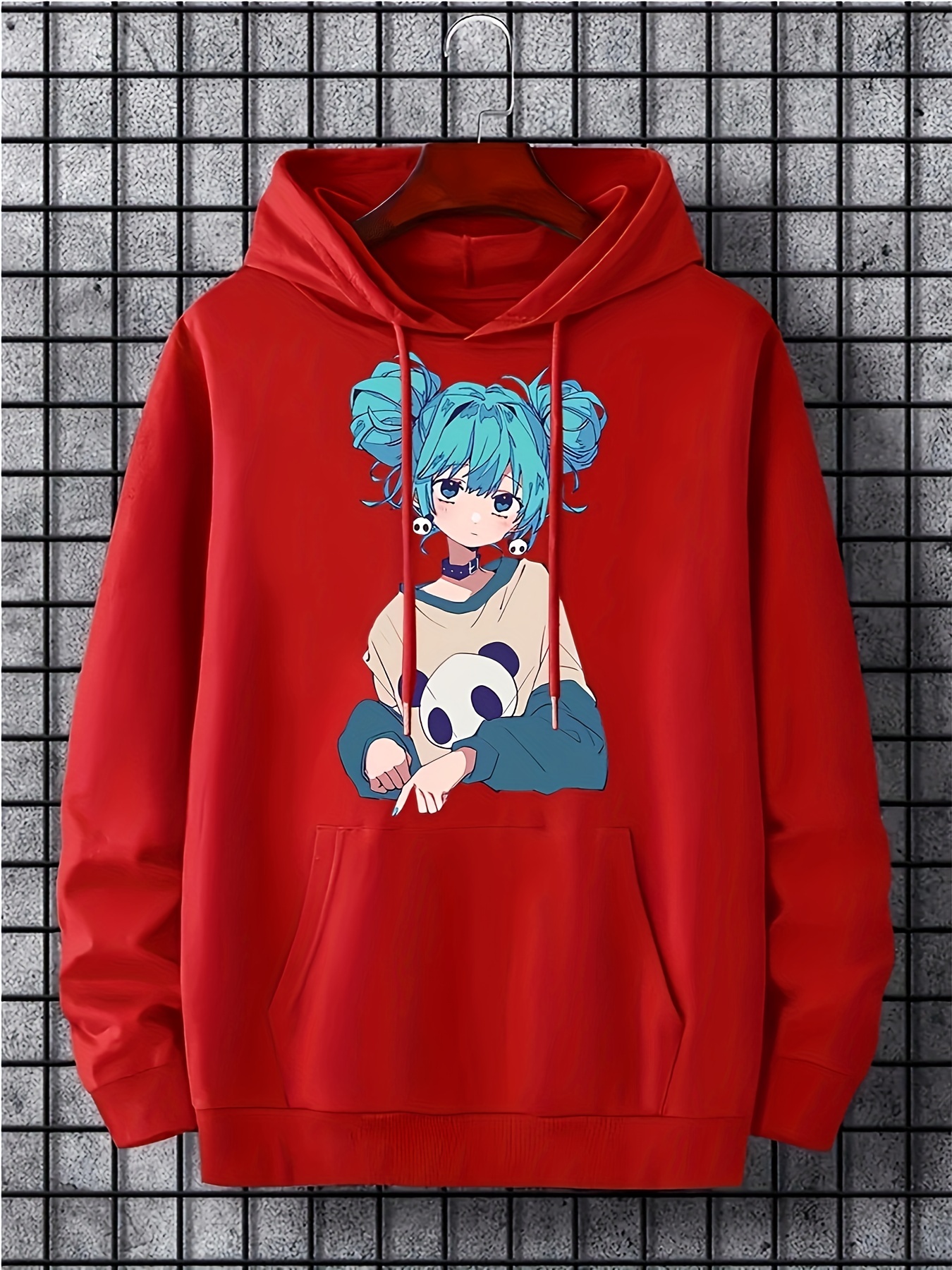 anime girl pattern hoodie with kangaroo pocket mens casual stretch pullover hooded sweatshirt details 10