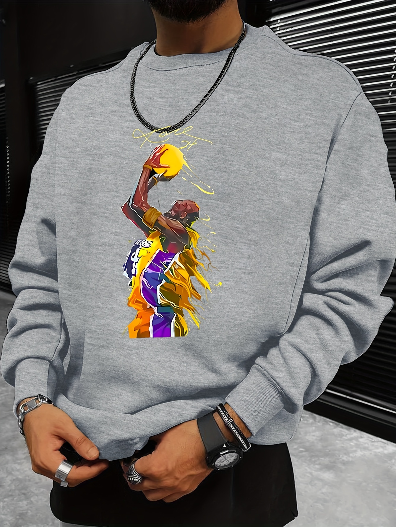 fashionable mens casual basketball player pattern print long sleeve round neck pullover sweatshirt suitable for outdoor sports for autumn and winter can be paired with hip hop necklace as gifts details 0