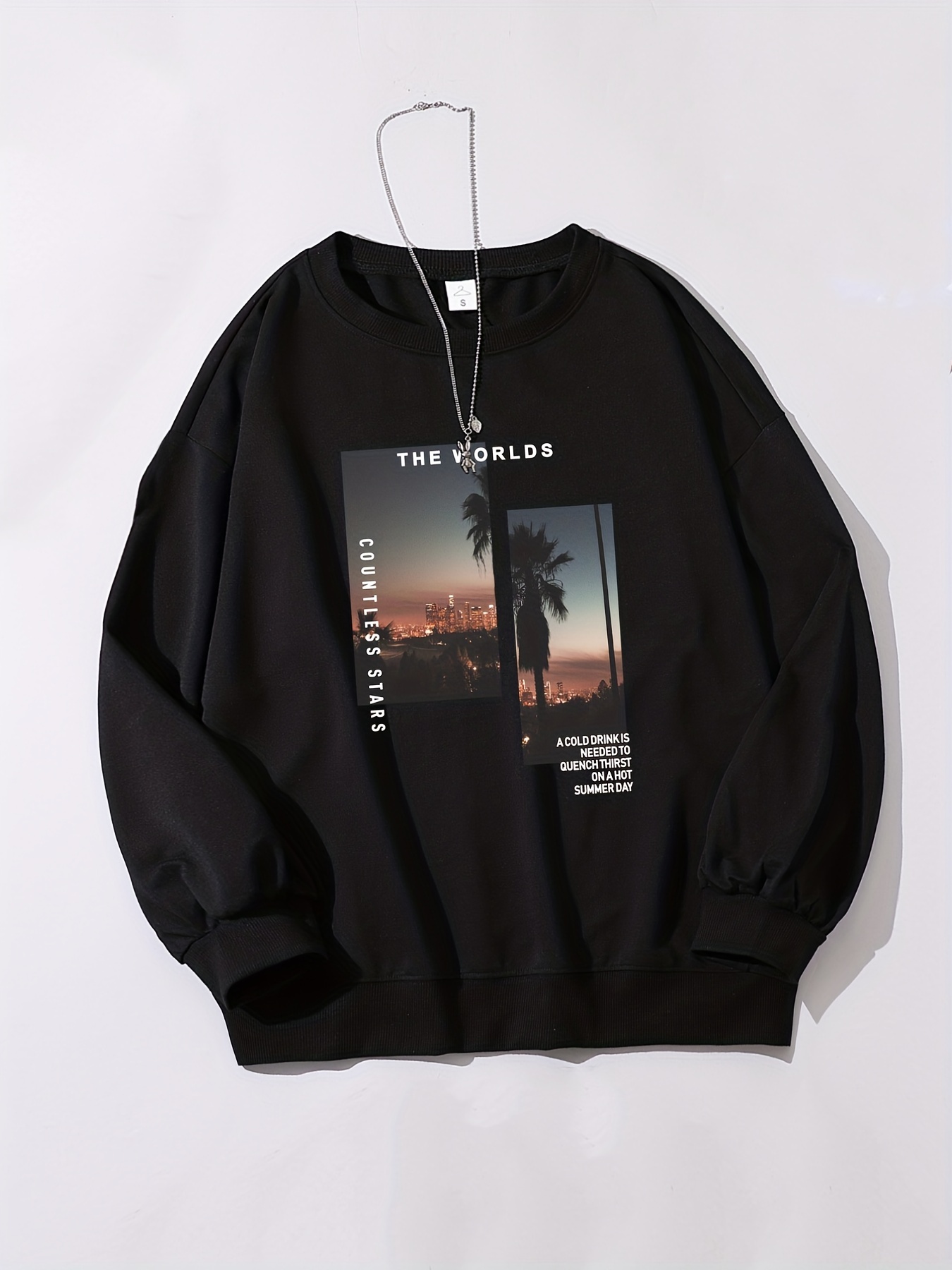 mens sunset photo and letter print trendy sweatshirt crew neck long sleeve tops mens outfits details 1