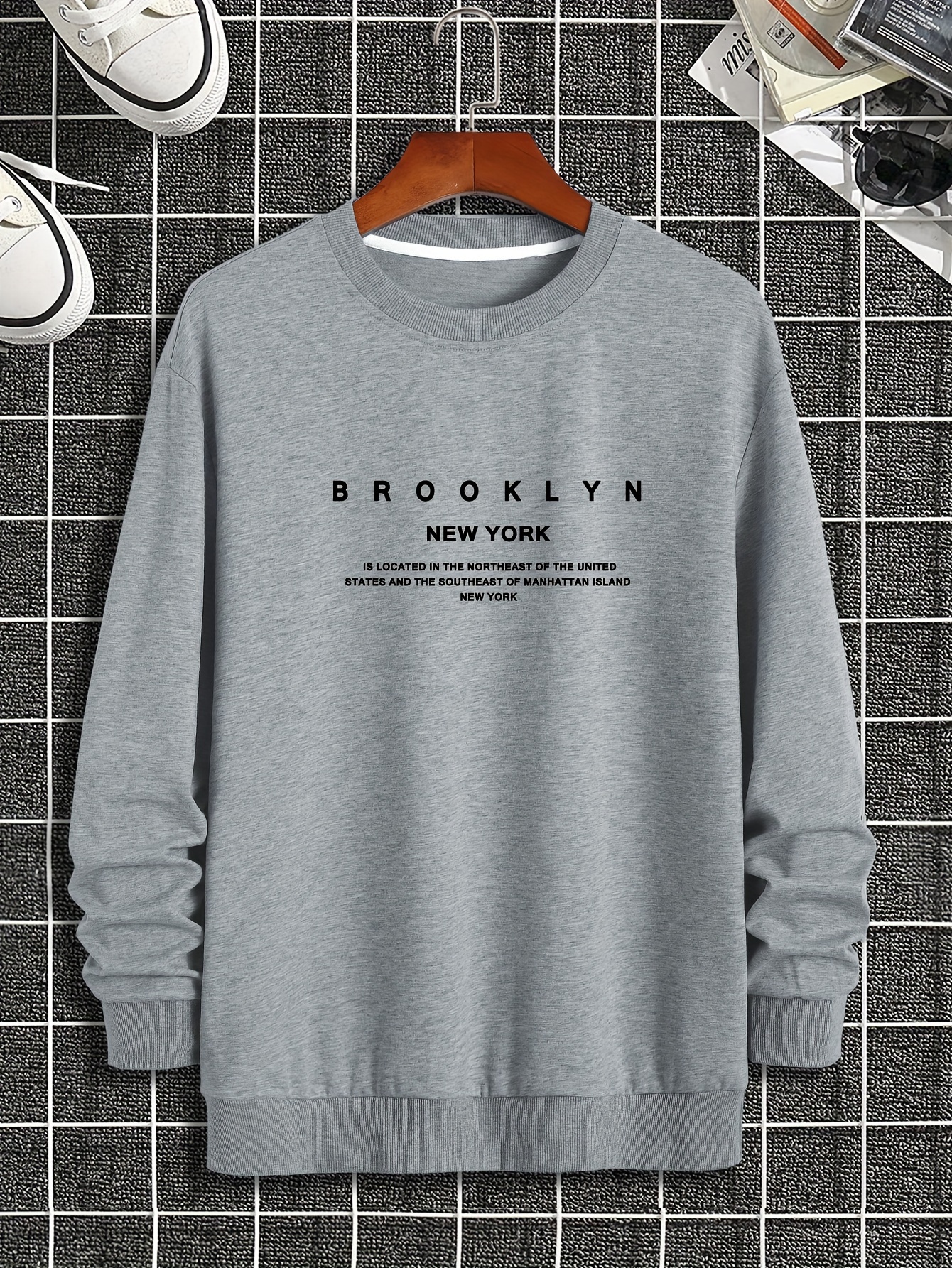 brooklyn new york print fashionable mens casual long sleeve crew neck pullover sweatshirt suitable for outdoor sports for autumn spring can be paired with hip hop necklace as gifts details 2