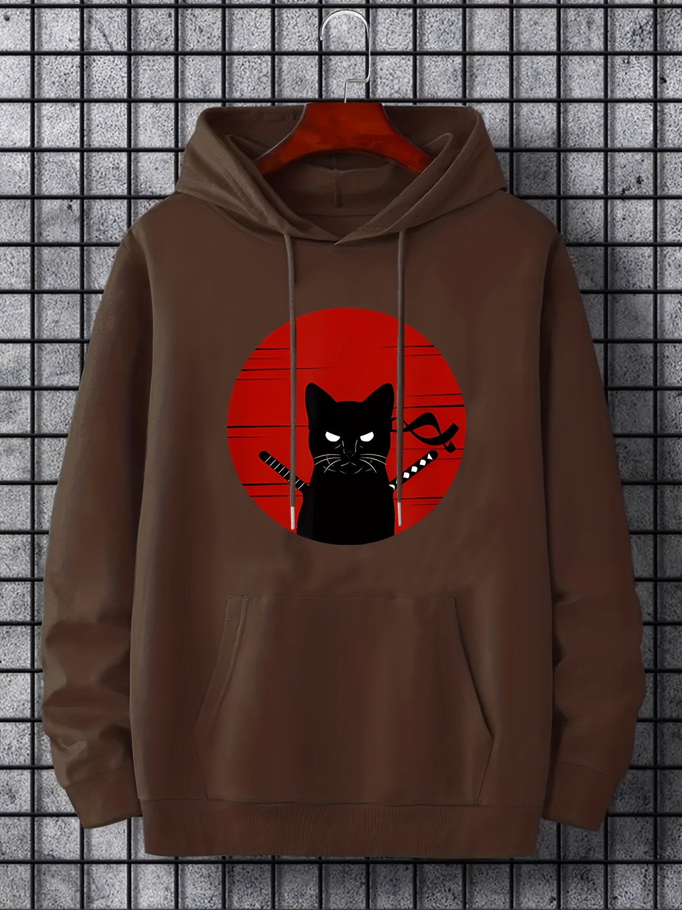 ninja cat print hoodie cool hoodies for men mens casual graphic design pullover hooded sweatshirt with kangaroo pocket streetwear for winter fall as gifts details 0