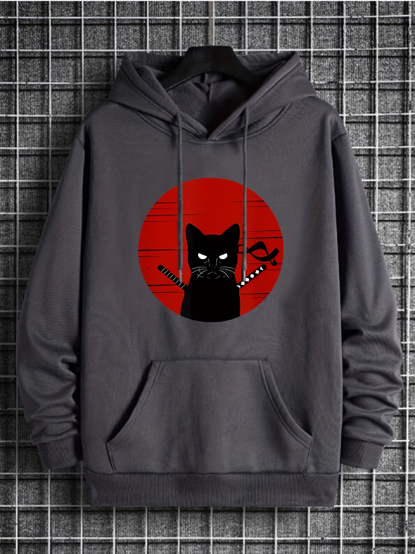 ninja cat print hoodie cool hoodies for men mens casual graphic design pullover hooded sweatshirt with kangaroo pocket streetwear for winter fall as gifts details 5