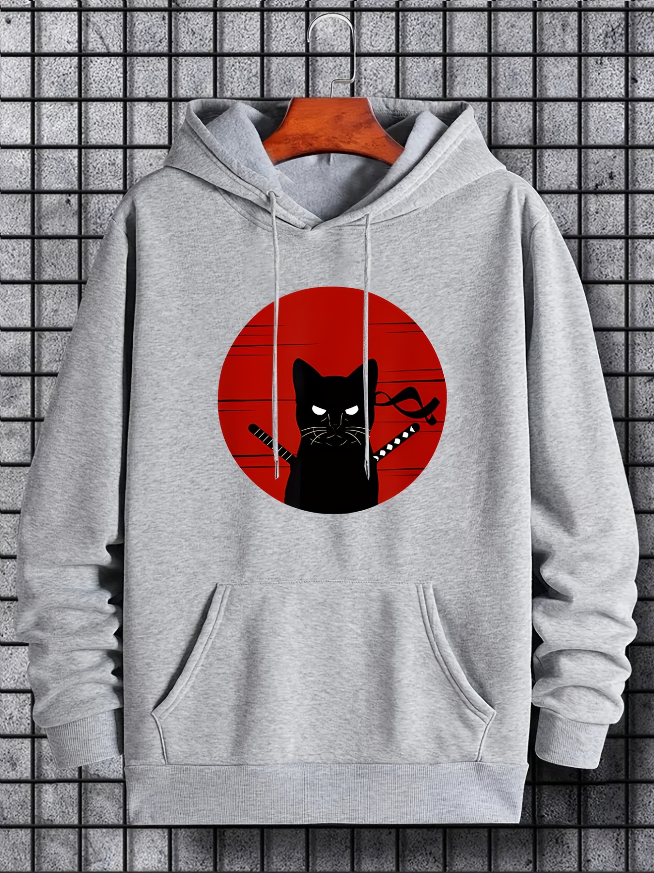 ninja cat print hoodie cool hoodies for men mens casual graphic design pullover hooded sweatshirt with kangaroo pocket streetwear for winter fall as gifts details 10