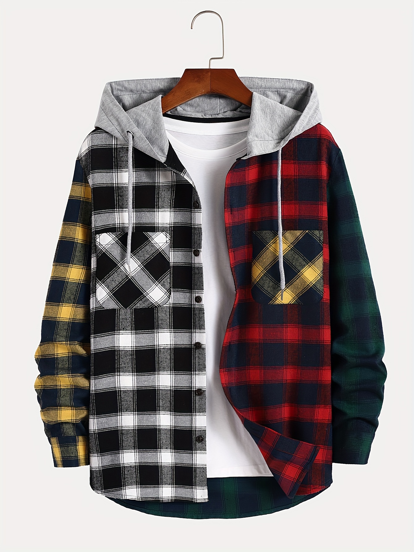 mens trendy color block checkered hooded sweatshirt casual long sleeve hoodies with button gym sports hooded jacket details 1