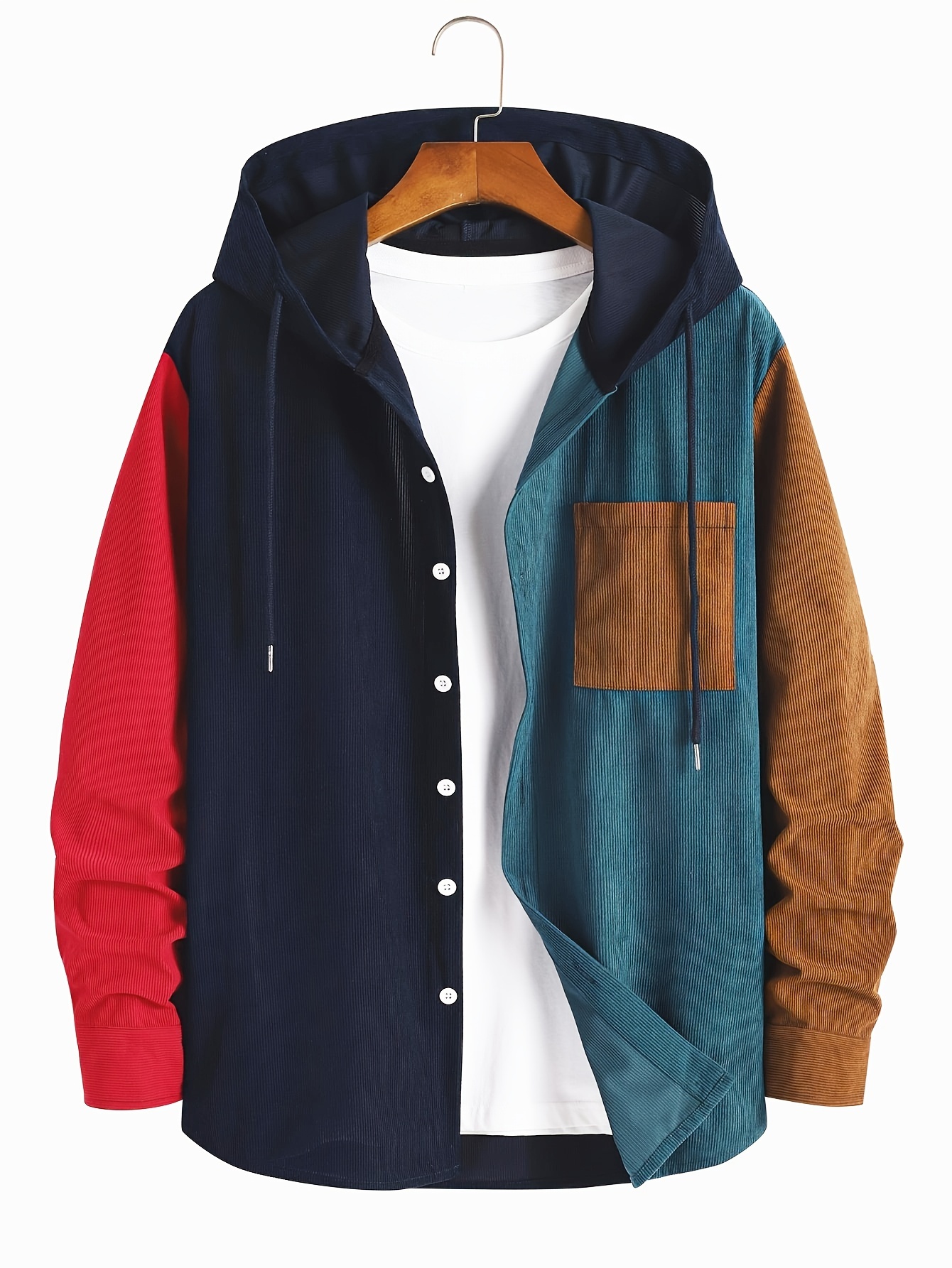 mens color block corduroy hooded sweatshirt casual long sleeve hoodies with button gym sports hooded jacket details 1