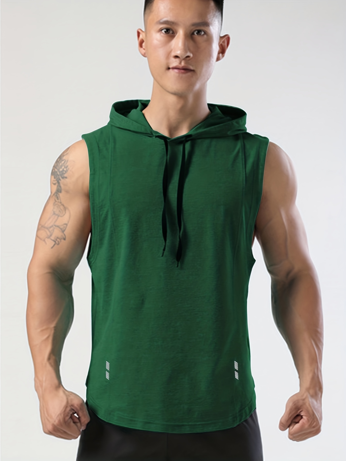 mens sleeveless drawstring hooded vest with reflective patterns activewear tank top for gym workout details 0