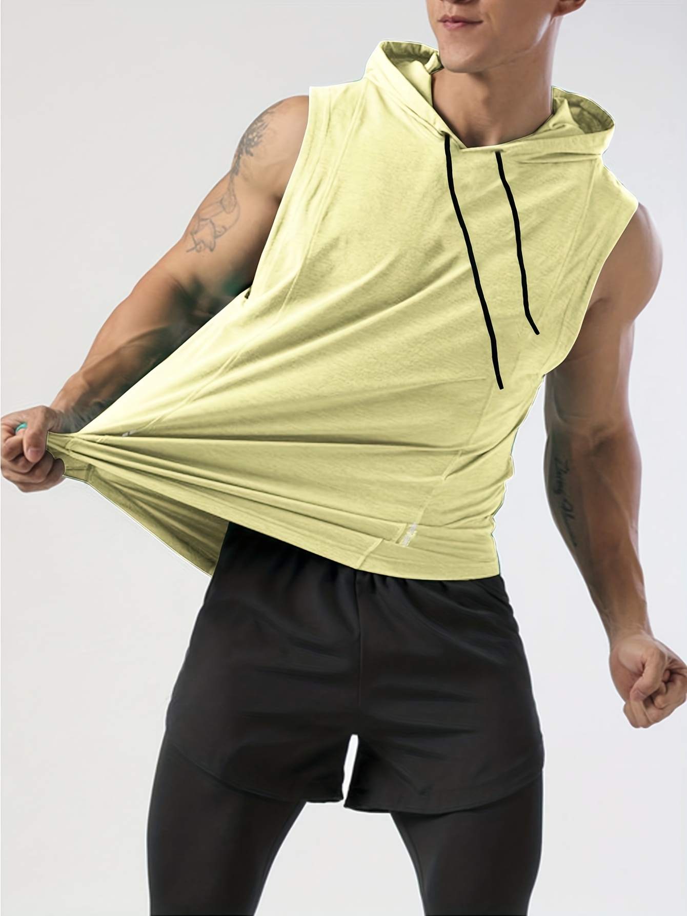 mens sleeveless drawstring hooded vest with reflective patterns activewear tank top for gym workout details 7