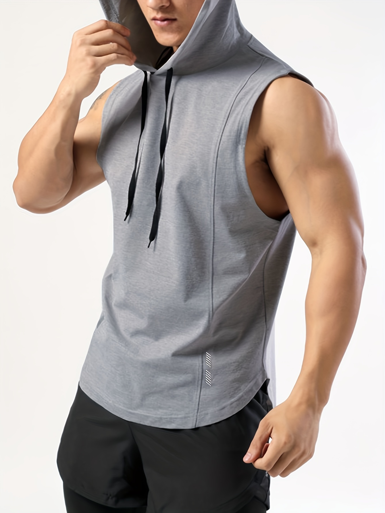 mens sleeveless drawstring hooded vest with reflective patterns activewear tank top for gym workout details 10