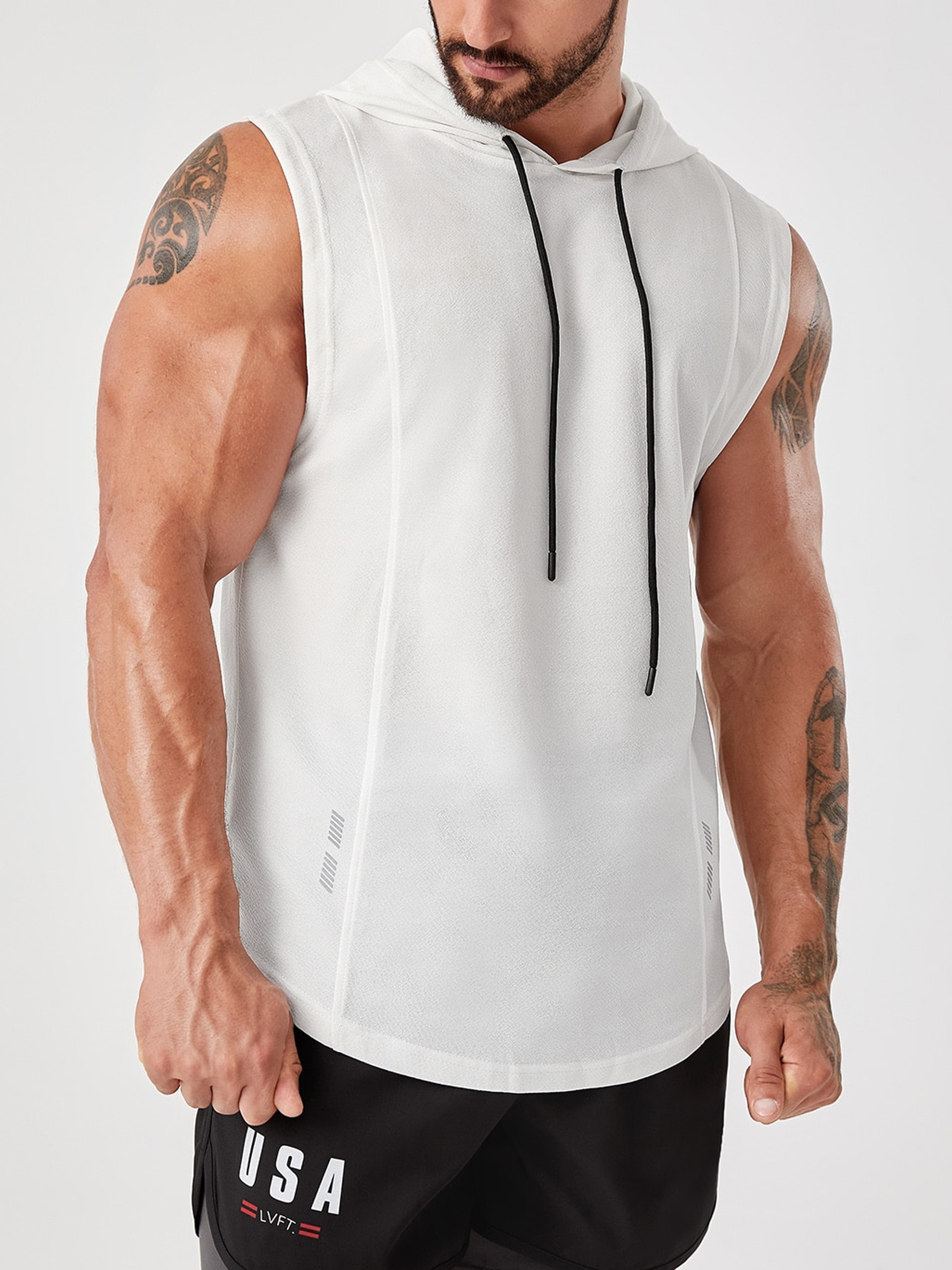 mens sleeveless drawstring hooded vest with reflective patterns activewear tank top for gym workout details 20