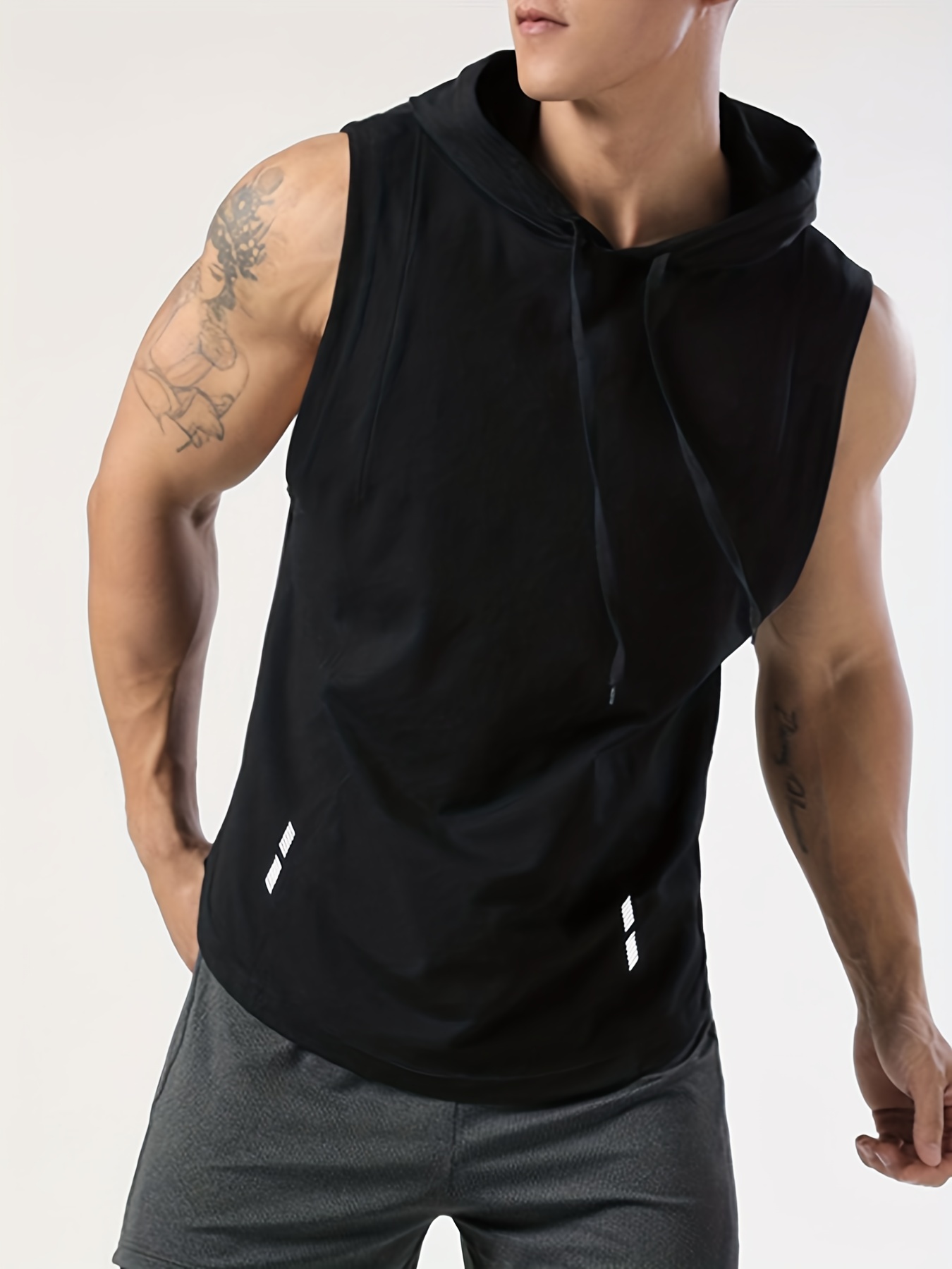 mens sleeveless drawstring hooded vest with reflective patterns activewear tank top for gym workout details 25