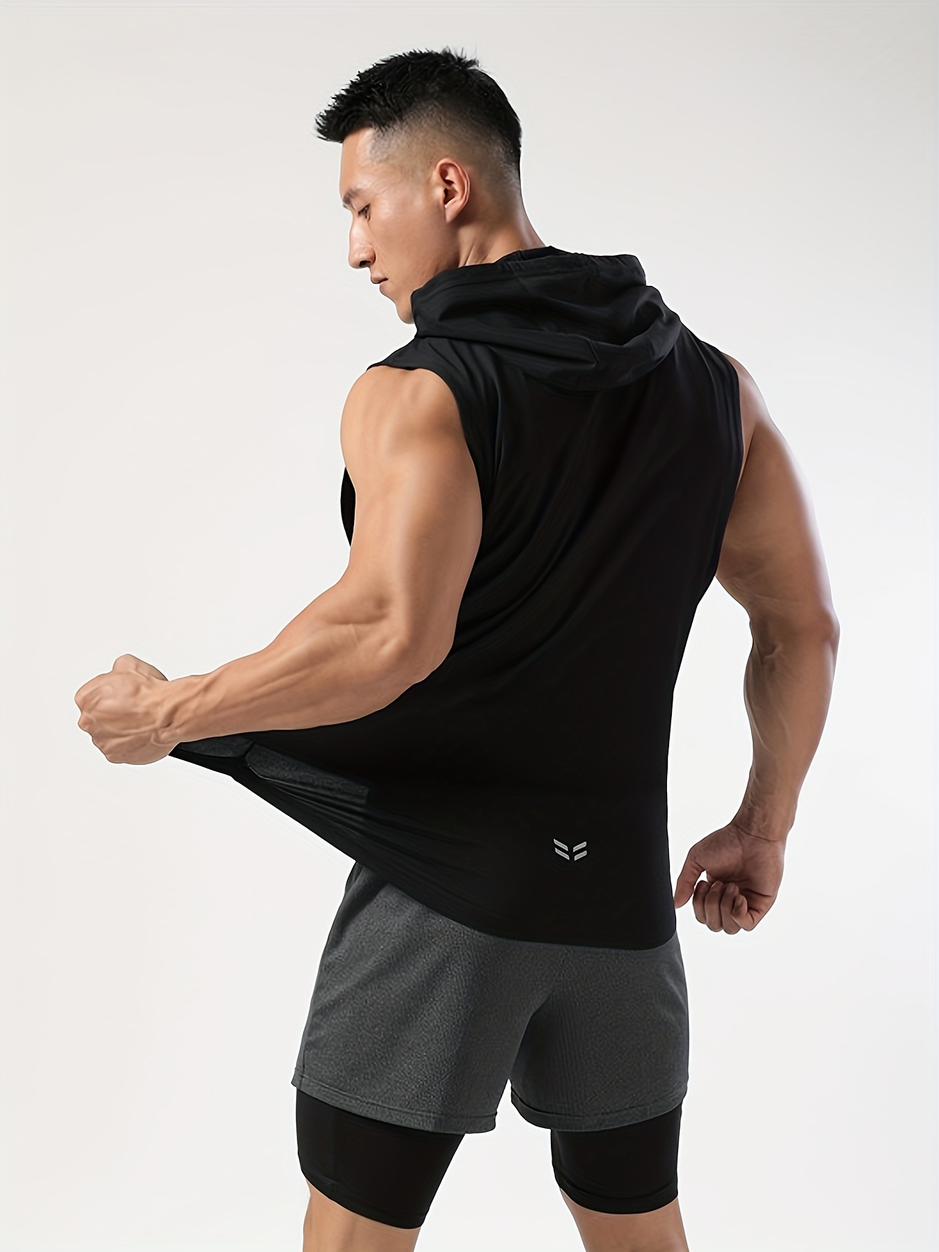 mens sleeveless drawstring hooded vest with reflective patterns activewear tank top for gym workout details 26