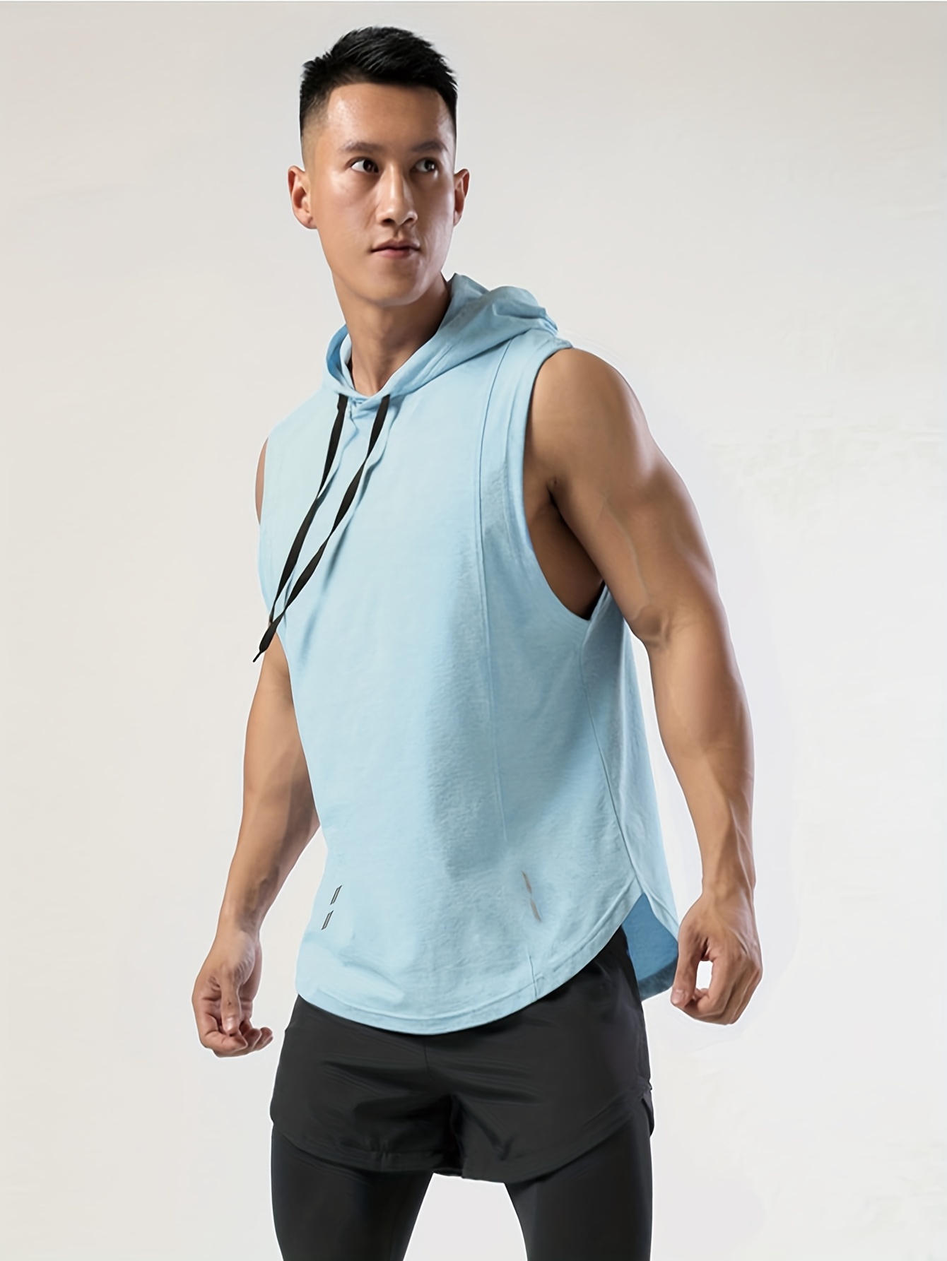 mens sleeveless drawstring hooded vest with reflective patterns activewear tank top for gym workout details 30