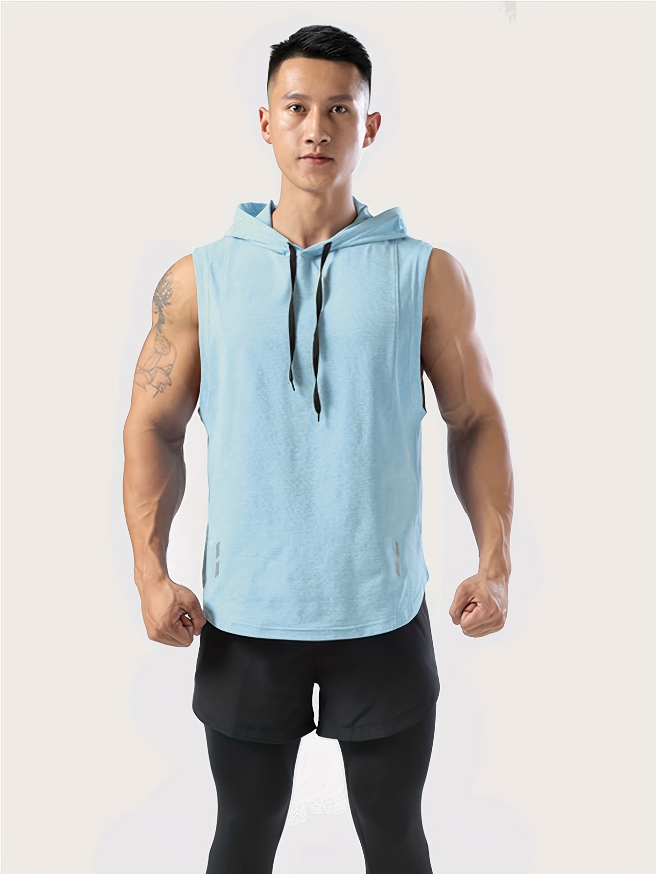 mens sleeveless drawstring hooded vest with reflective patterns activewear tank top for gym workout details 32