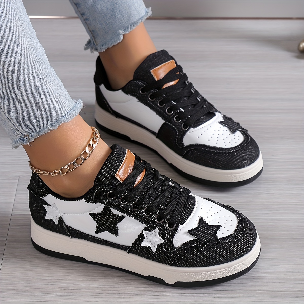 womens colorbloock casual sneakers lace up soft sole platform skate shoes stars decor walking trainers details 8