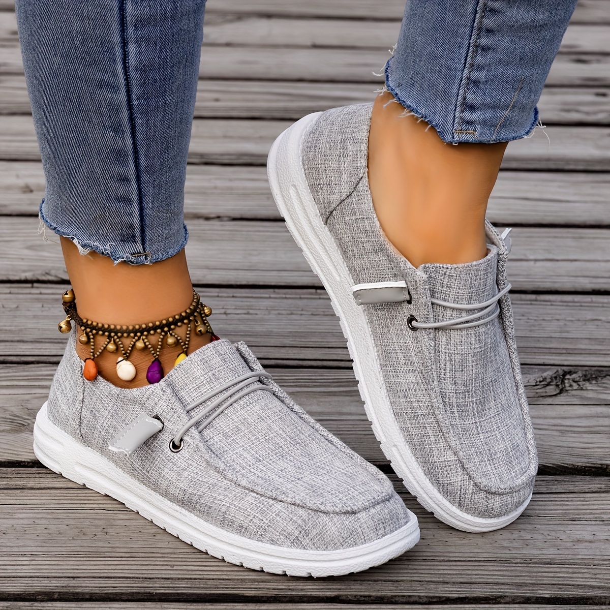 womens simple style canvas shoes casual round toe slip on flat sneakers lightweight walking shoes details 0