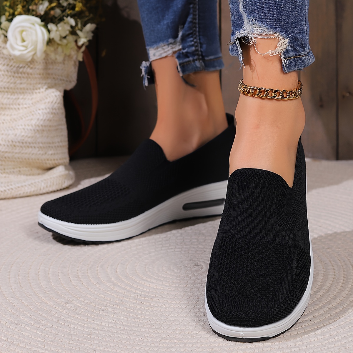 womens air cushion rocker shoes comfortable low top slip on sock shoes casual walking shoes details 2