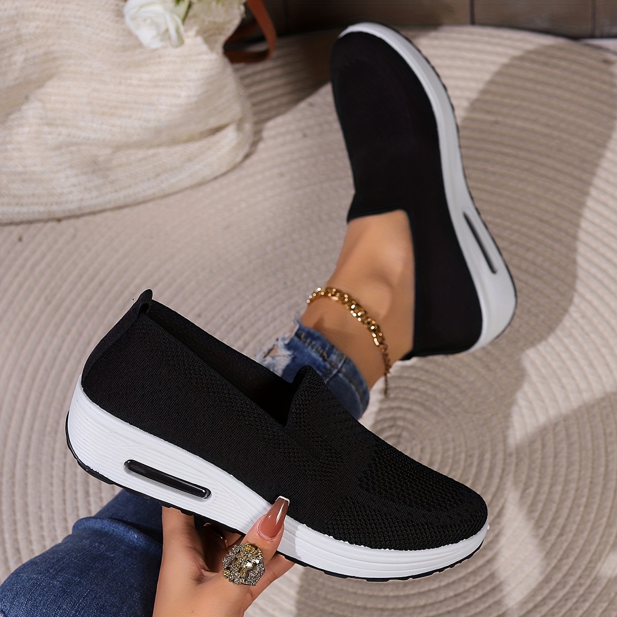 womens air cushion rocker shoes comfortable low top slip on sock shoes casual walking shoes details 4