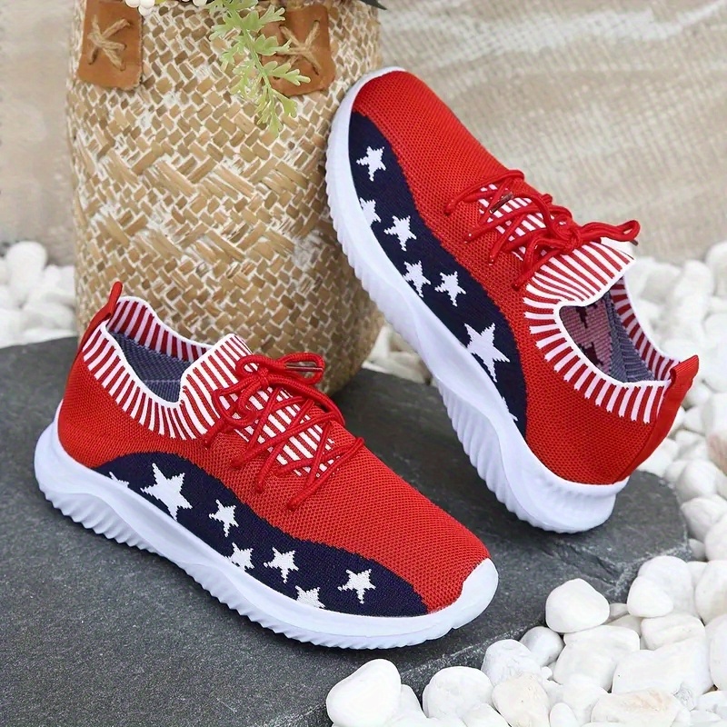 womens star pattern sneakers casual lace up running shoes breathable knitted sports shoes details 1