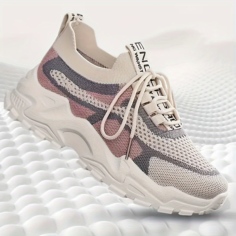 womens knit chunky sneakers colorblock lace up low top running sports shoes breathable walking trainers details 0