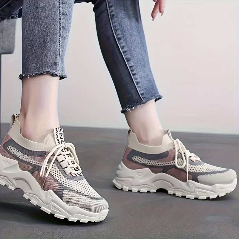 womens knit chunky sneakers colorblock lace up low top running sports shoes breathable walking trainers details 3