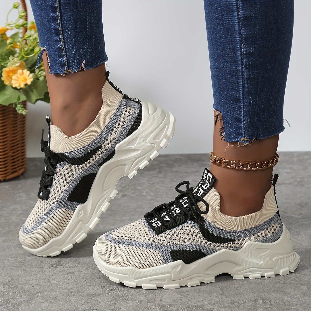 womens knit chunky sneakers colorblock lace up low top running sports shoes breathable walking trainers details 4